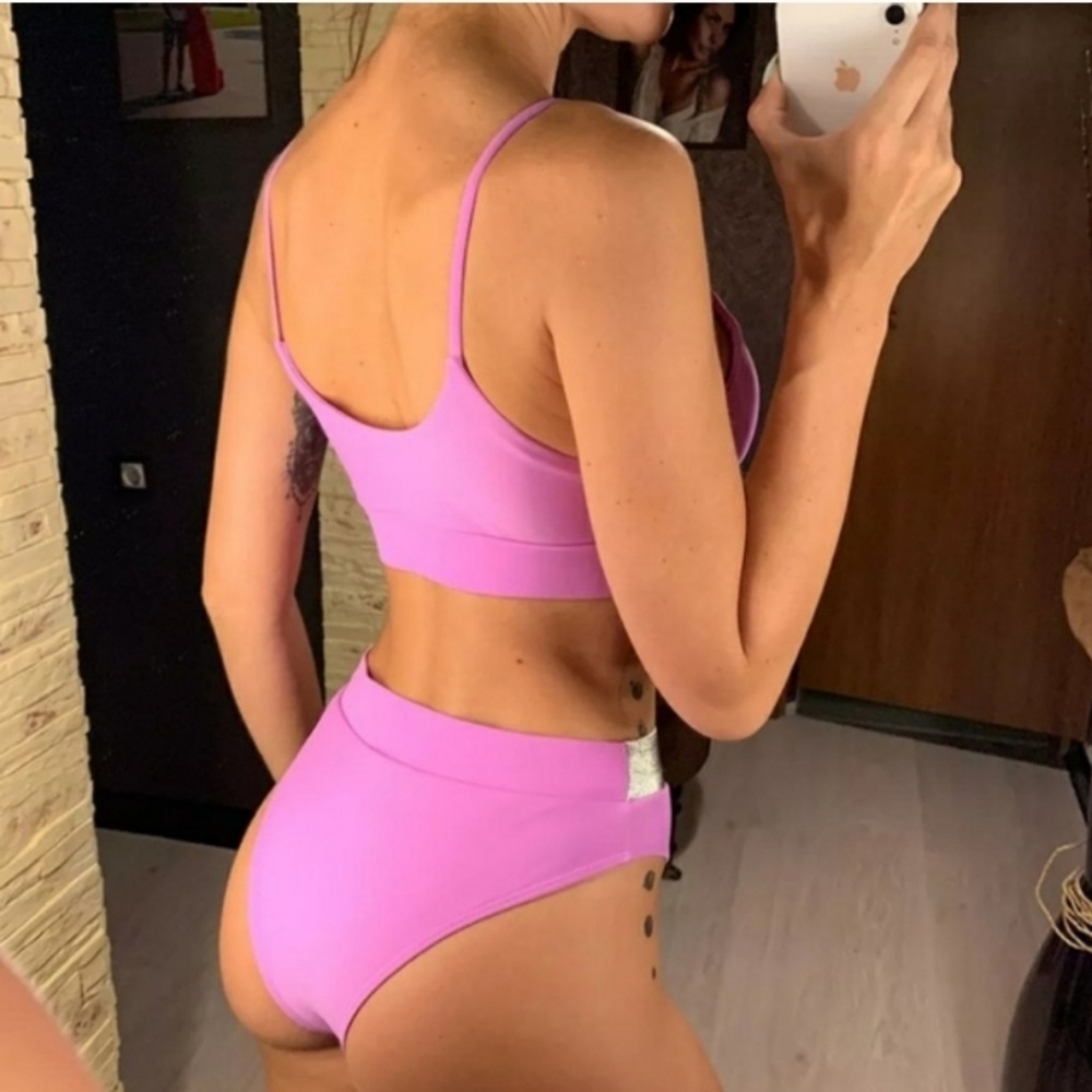New Purple Shimmering Bralette Top Bikini Set Swimsuit Size S - Picture 4 of 7